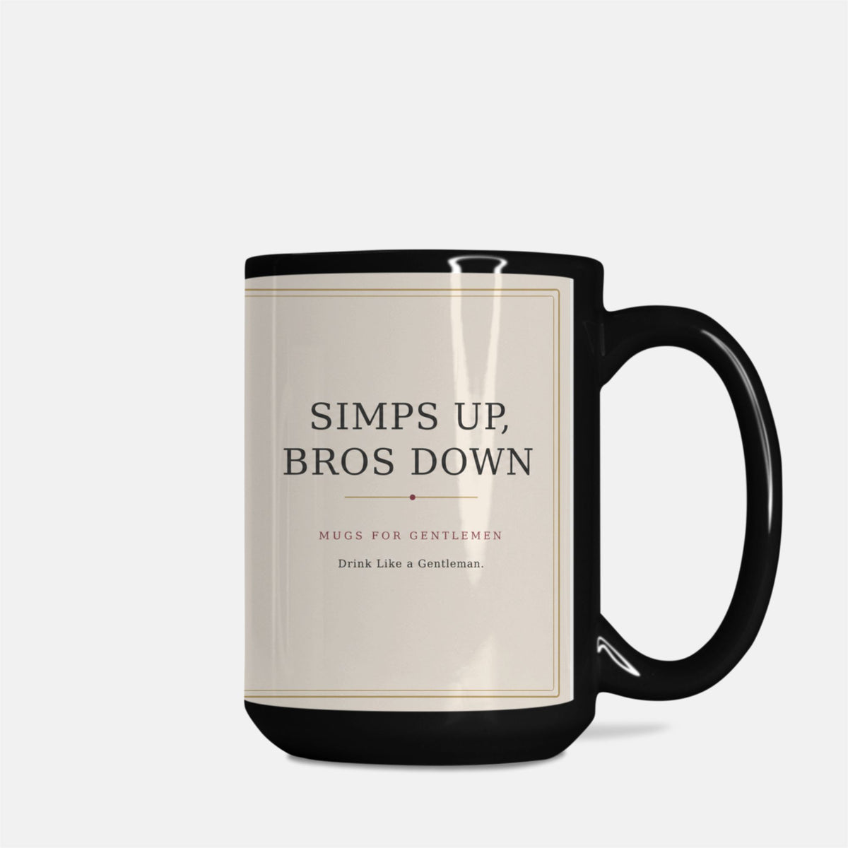 Studio view of the Protocol No. 001 Black Issue 15 oz ceramic mug with black handle and Simps Up, Bros Down branding.