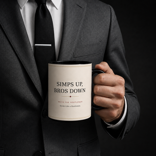 Man in a dark gray suit holding the Protocol No. 001 Black Issue mug, showing the Simps Up, Bros Down brand side.