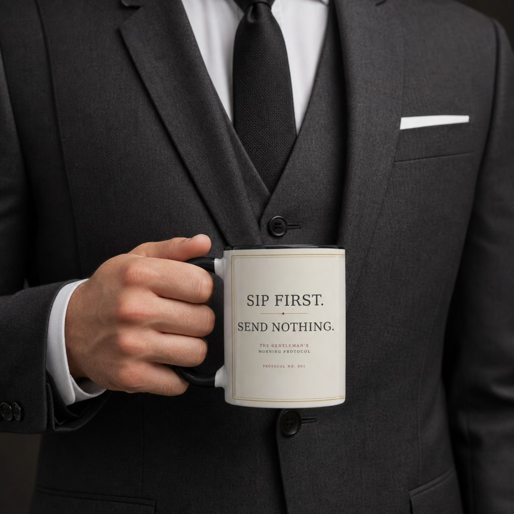 Gentleman in a black suit holding an ivory 15 oz coffee mug displaying “Sip First. Send Nothing.”
