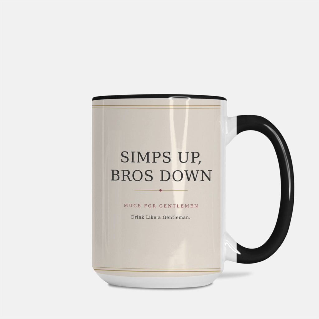 Ivory 15 oz ceramic coffee mug with black handle displaying the Simps Up, Bros Down brand mark.
