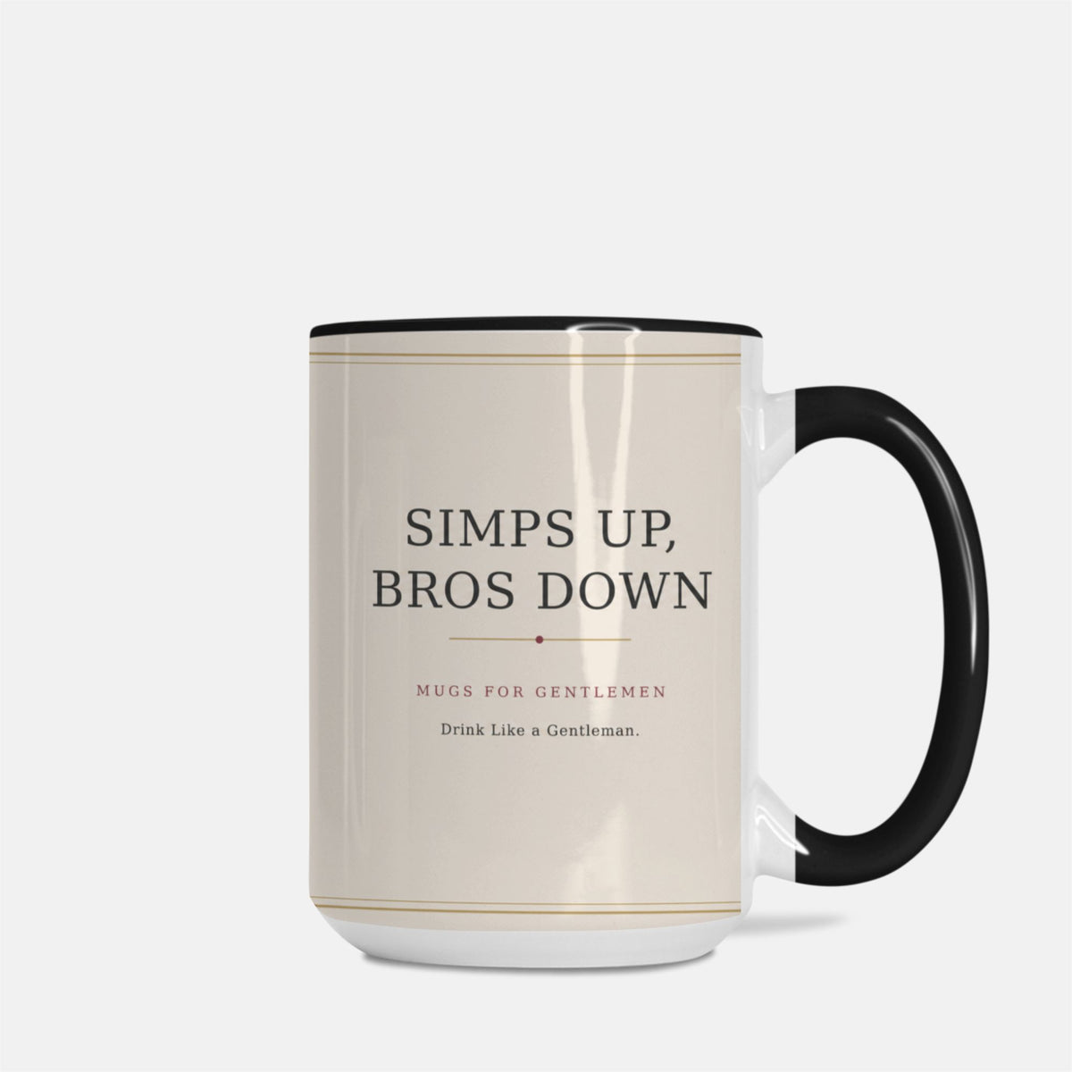 Ivory 15 oz ceramic coffee mug with black handle displaying the Simps Up, Bros Down brand mark.
